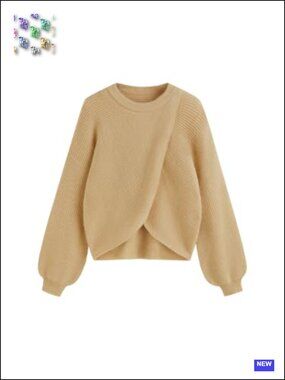 Cropped Wrap Lantern Sleeve Sweater Women's Crewneck Knit Pullover Cozy Fall